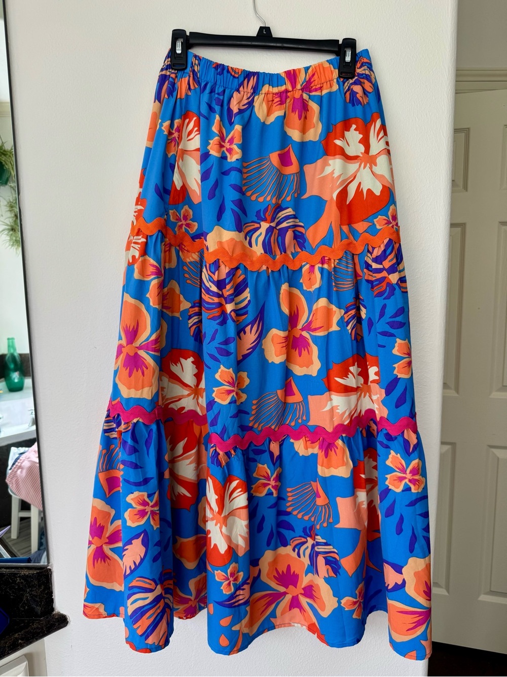 Joy Joy Blue Floral Tiered Maxi Skirt with Orange and Cream Accents